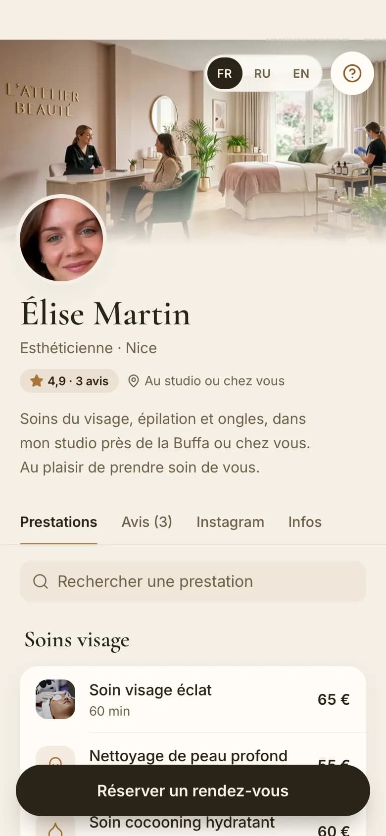 La page publique d’une pro sur homebyou : photo de couverture, profil, note, onglets Prestations, Avis, Instagram et Infos, bouton de réservation